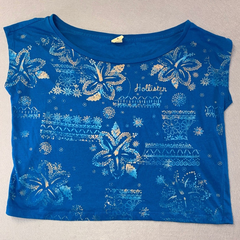 048 Hollister Crop Top Womens Medium Blue Excellent Tropical Hibiscus Print